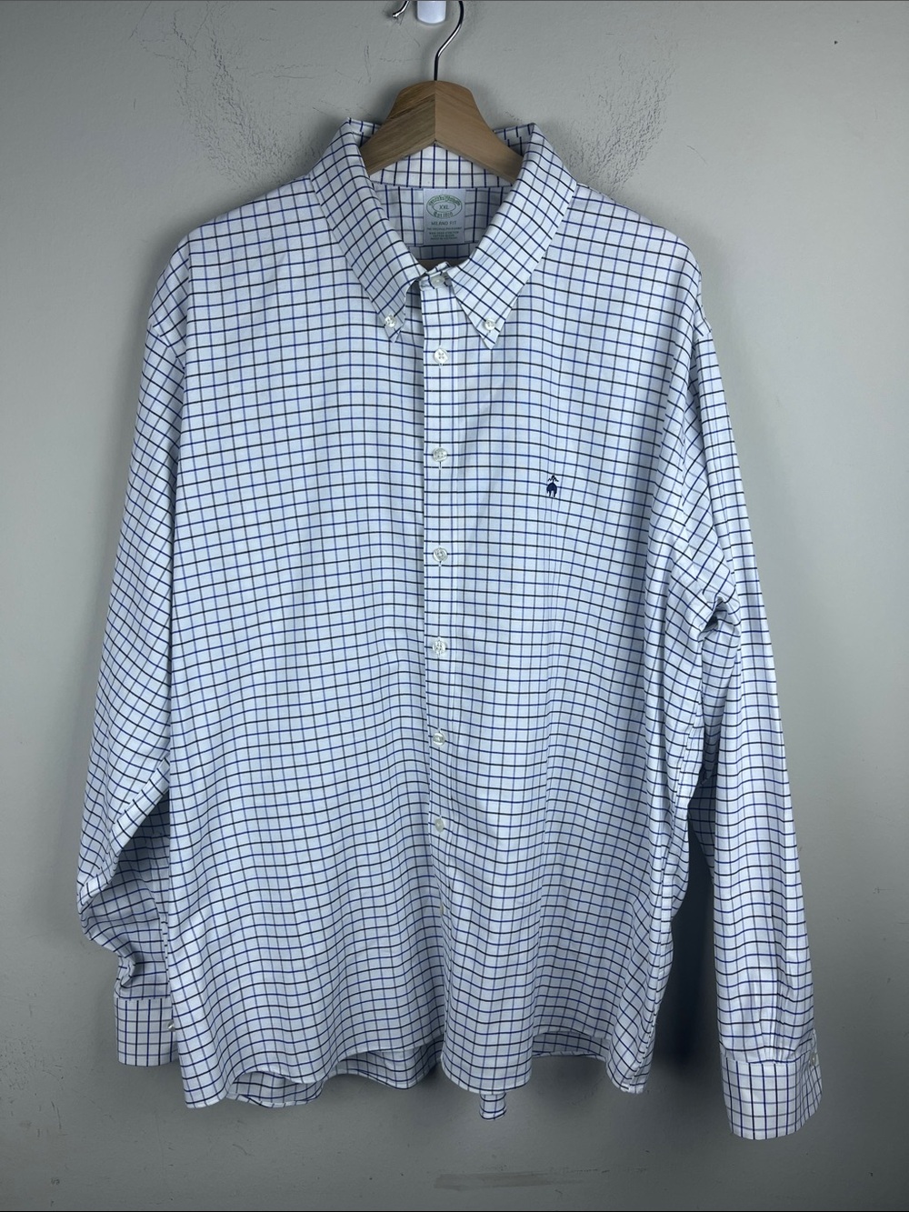 Brooks Brothers Men's XXL White Navy Windowpane Button Down Shirt Milano Fit